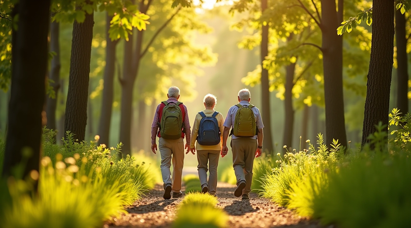 Senioru grupa staigā pa saulainu meža taku ar bieziem kokiem abās pusēs