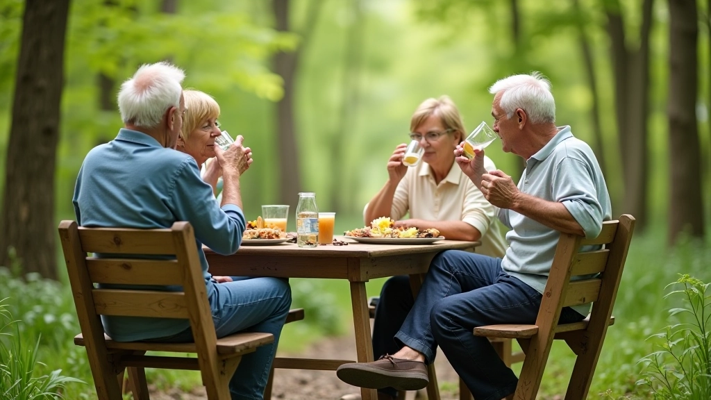 Senioru pastaiga grupas dalībnieki sēž uz koka sola meža vidū, dzer ūdeni un paēd saldumus