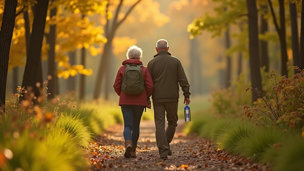 Senioru pāris staigā pa skaidru meža taku, vīrs tur ūdens pudeli rokā, skaista rudzu mežā
