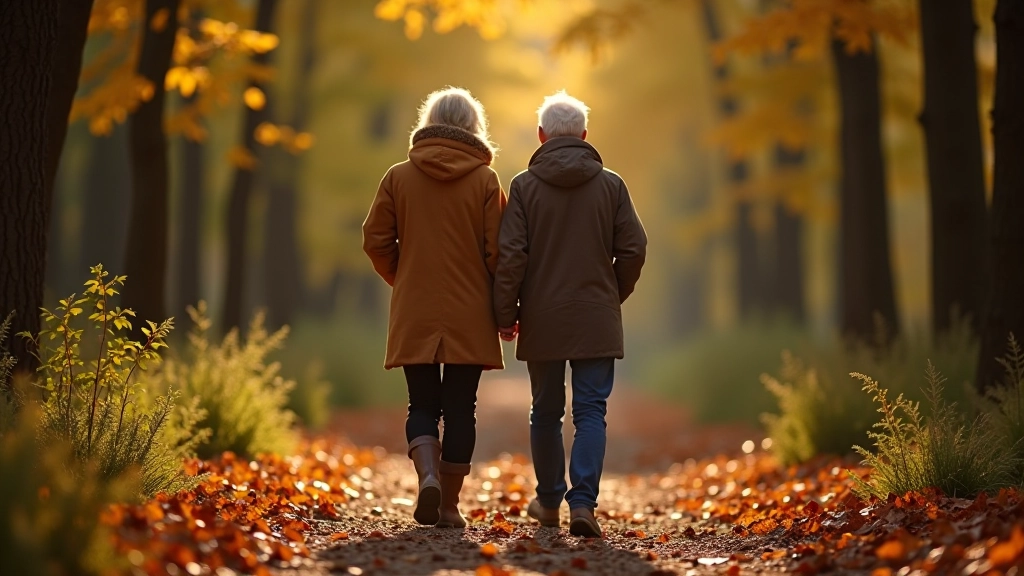 Senioru vīrs un sieviete staigā pa meža taku ar daudz nokritušiem lapiem, silti pūliņu drēbes