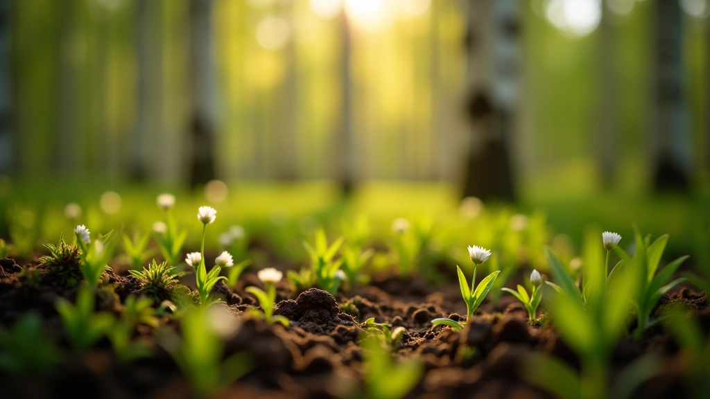 Jaunais zaļums mežā pavasarī — mazas augļu plantes, sarkani jēši un putni savām ligzdām